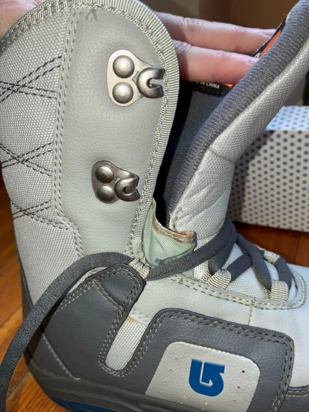 EUC Burton Moto Snowboard Boots Kids Size 3 Youth Winter Snow Ski Grey Blue